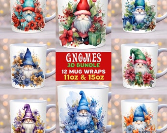 May include: A set of 12 printable 3D mug wraps featuring gnomes with floral designs. The gnomes are wearing red, blue, green, and purple hats and holding gifts. The text "GNOMES 3D BUNDLE 12 MUG WRAPS 11OZ & 15OZ" is displayed in the center of the image.