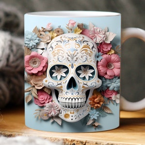 3d pink sugar skull mug wrap, 11oz and 15oz mug template, Halloween 3D mug sublimation design, mug wrap template PNG, digital download