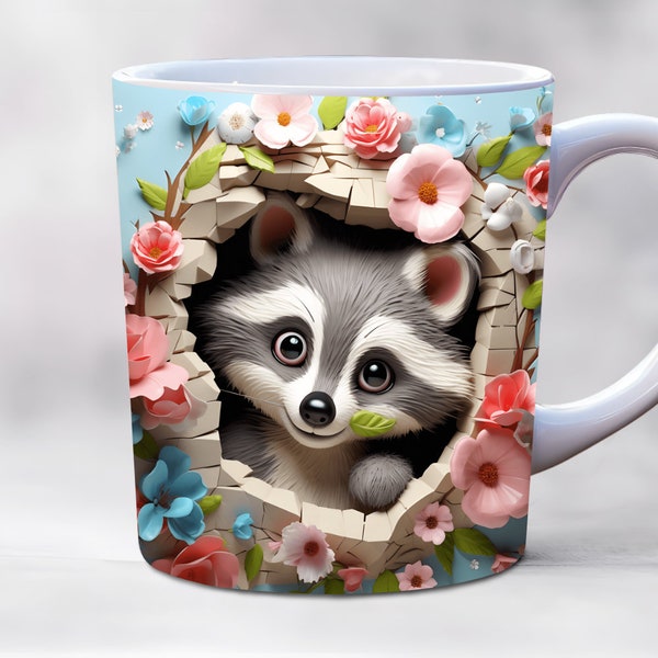 3d baby raccoon mug wrap, 11oz and 15oz mug wraps, hole in a wall mug wrap, mug sublimation design, animal mug wrap template png