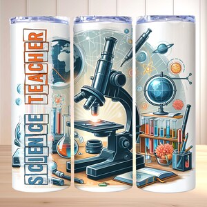 May include: A white tumbler with a colorful design featuring a microscope, test tubes, a globe, and the words "Science Teacher".