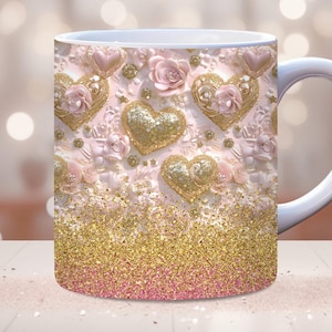 Valentines Day Mug Wrap, 11oz and 15 oz mug Sublimation PNG designs, Pink Hearts Mug Wrap, Gold Glitter Love Mug Wrap, Couples Newlywed Gift