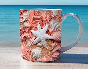 3d seashell mug wrap, 11oz and 15oz mug Template, mug sublimation design, mug wrap template, tropical mug wrap PNG, 3d beach mug wrap