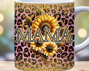 Mok met bloemenprint voor mama, 11oz, 15oz PNG digitale download, mok met Moederdagprint, verjaardagscadeau voor mama, mama, mok met gouden glitter en luipaardprint