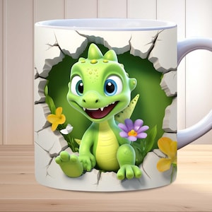 3D ベビー恐竜マグラップ PNG、11 オンスおよび 15 オンスのマグ テンプレート、壁の穴のマグラップ、昇華デザイン、PNG インスタント デジタル ダウンロード