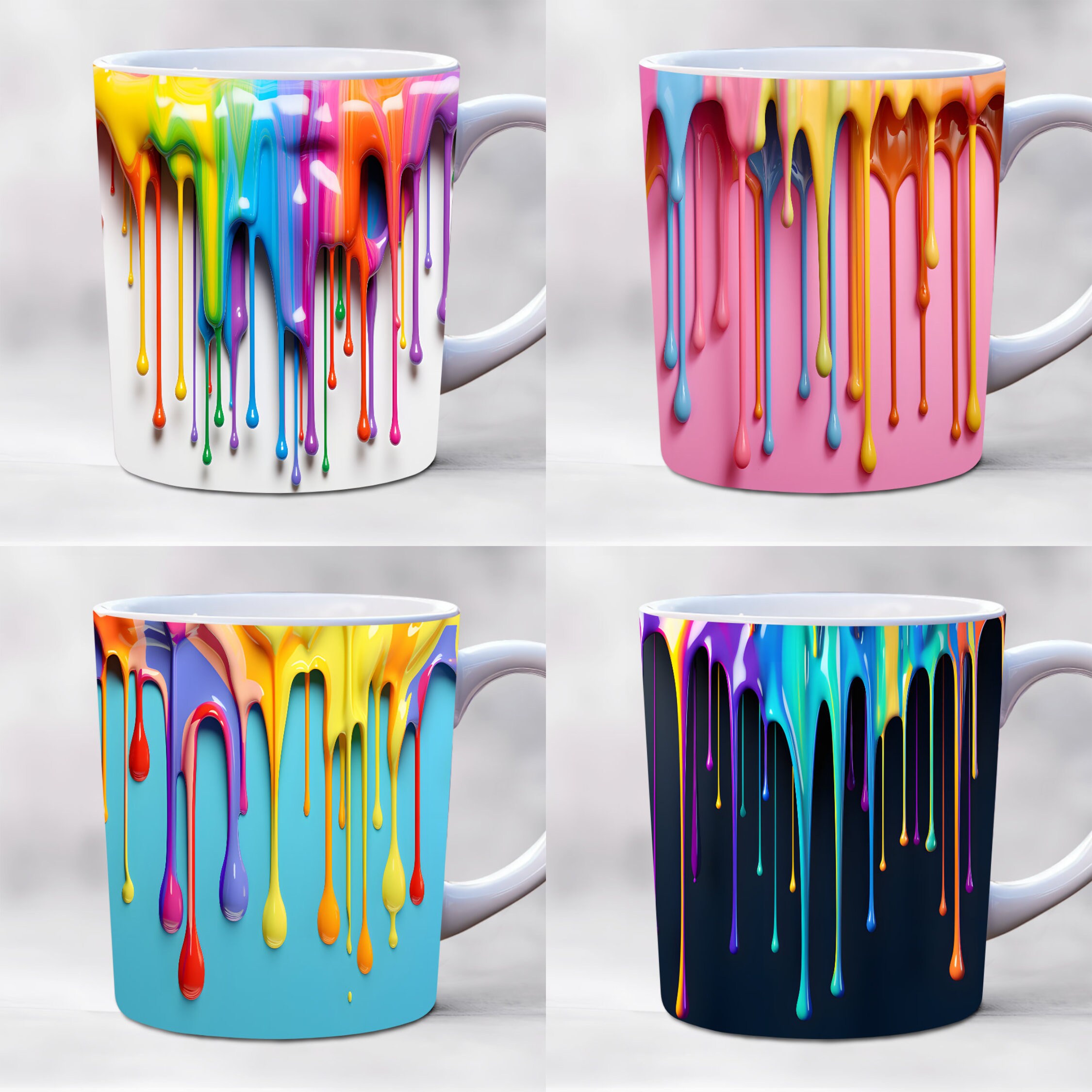 3d Rainbow Dripping Paint Mug Wrap Bundle, 11oz and 15oz Mug Template