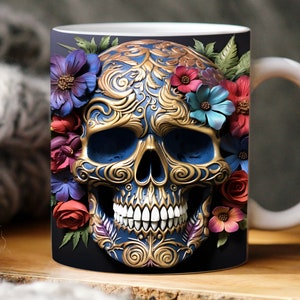 3d sugar skull mug wrap, 11oz and 15oz mug template, Halloween 3D mug sublimation design, mug wrap template PNG instant digital download