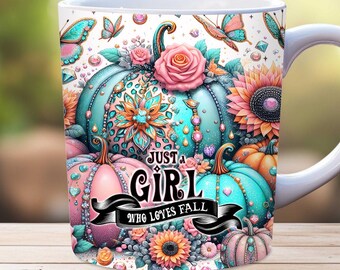 Può includere: Tazza in ceramica bianca con un design colorato che presenta zucche, farfalle e fiori. Il testo "Just a Girl Who Loves Fall" è stampato sulla tazza.