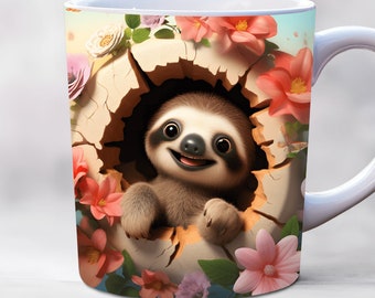 3d baby sloth mug wrap, 11oz and 15oz mug wraps, hole in a wall mug wrap, mug sublimation design, animal mug wrap template png