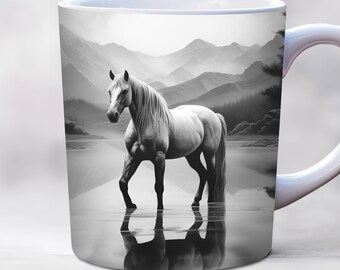 Diseño de taza con caballo blanco en acuarela, plantilla para tazas de 11 oz y 15 oz, diseño de animales de granja, diseño de taza de café con caballo, descarga digital instantánea.