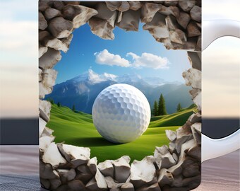 May include: A white golf ball sits on a green golf course, visible through a hole in a stone wall. The background shows a mountain range and a blue sky with white clouds.