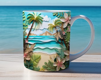 3d beach mug wrap, 11oz and 15oz mug Template, mug sublimation design, mug wrap template, tropical mug wrap PNG, 3d seashells beach