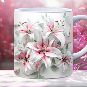 3D Pink White Lilies Flowers Mug Wrap, 11oz And 15oz Mug Template, Mug Sublimation Design, Mug Wrap Template, Instant Digital Download PNG