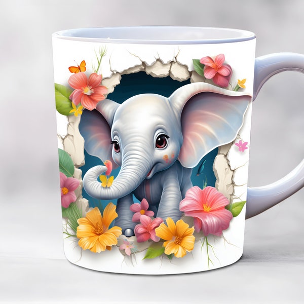 3d baby elephant mug wrap, 11oz and 15oz mug Template, hole in a wall mug sublimation design, mug wrap template, animal mug wrap png