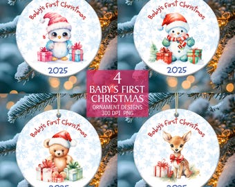 First Christmas Baby Ornament Bundle, Ornament Sublimation PNG, Personalized Baby Ornament Design, Photo Birth Info, Instant Download