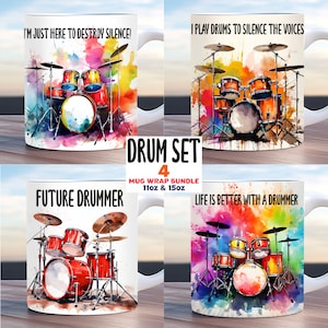 Drum set mug wrap bundle, 11oz & 15oz mug wrap template PNG, instant digital download, mug sublimation, drum teacher mug, gift for drummer