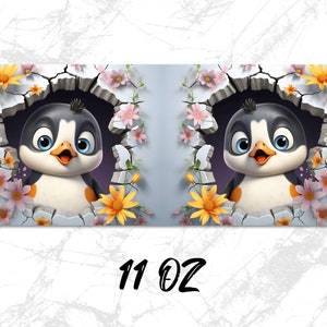 May include: A 11 oz. mug featuring a cartoon penguin peeking out of a cracked wall with pink and yellow flowers.