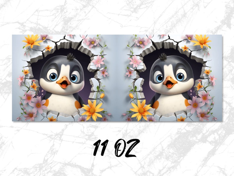 May include: A 11 oz. mug featuring a cartoon penguin peeking out of a cracked wall with pink and yellow flowers.