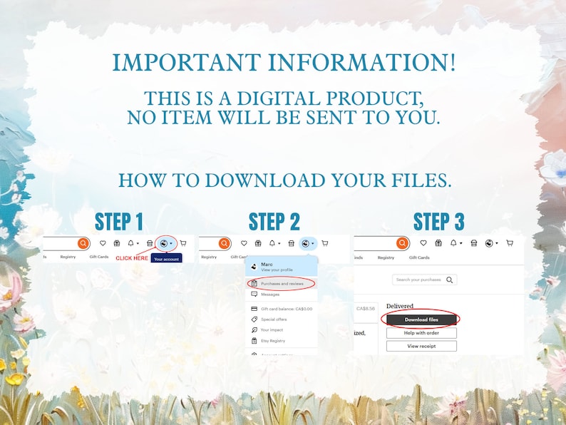 Pode incluir: Uma captura de tela de uma tela de computador mostrando instru&ccedil;&otilde;es sobre como baixar arquivos digitais do Etsy. As instru&ccedil;&otilde;es s&atilde;o divididas em tr&ecirc;s etapas. A primeira etapa &eacute; clicar em "Clique aqui". A segunda etapa &eacute; ver suas compras e avalia&ccedil;&otilde;es. A terceira etapa &eacute; clicar em "Baixar arquivos".