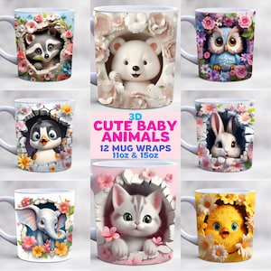3d baby animals mug wrap bundle, 11oz and 15oz mug template, hole in a wall mug wrap, nature mug wrap, mug sublimation design