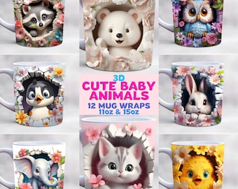 3d baby animals mug wrap bundle, 11oz and 15oz mug template, hole in a wall mug wrap, nature mug wrap, mug sublimation design
