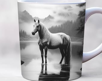 Diseño de taza con caballo blanco en acuarela, plantilla para tazas de 11 oz y 15 oz, diseño de animales de granja, diseño de taza de café con caballo, descarga digital instantánea.