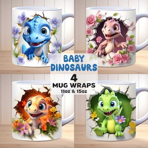 3d Baby Dinosaur Mug Wrap Bundle, 11oz and 15oz Mug Template PNG, Animal Mug Wrap, 3d Kids Mug Wrap, Teacher Mug Wrap