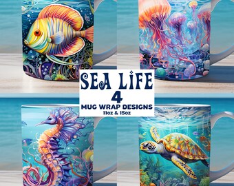 Sea life mug wrap, 11oz and 15oz mug wrap template, ocean mug wrap sublimation design, sea turtle mug wrap, ocean mug wrap, coral mug wrap