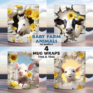 Könnte beinhalten: Set mit vier 11oz und 15oz Becherumschlägen mit Baby-Bauernhoftieren, die durch eine rissige Wand mit Sonnenblumen schauen. Die Tiere sind ein Pferd, eine Kuh, ein Schwein und ein Lamm.