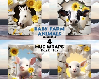 3d baby farm animals mug wrap bundle, 11oz and 15oz mug wraps, hole in a wall mug wrap, mug sublimation design, animal mug wrap template png