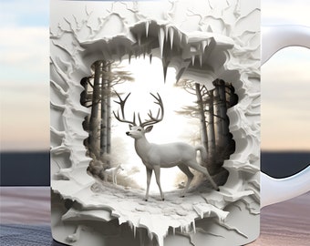 3D Winter deer hole In a wall mug wrap 11oz & 15oz mug template, 3D Mug sublimation design mug wrap template PNG instant digital download