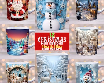 Lot 3D d'emballage de tasse de Noël, modèle de tasse de 11 oz et 15 oz, emballage de tasse de bonhomme de neige, emballage de tasse d'hiver, conception de sublimation de tasse, emballages de tasse de vacances