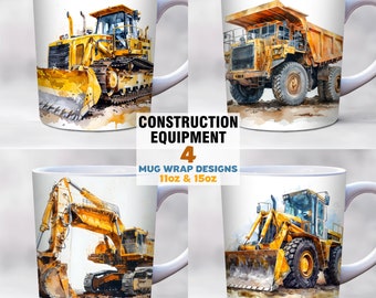 Construction Equipment Mug Wrap Bundle, 11oz & 15oz Mug Wrap Template PNG, instant digital download, mug sublimation, Bulldozer Mug Wrap