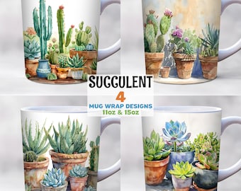 Könnte beinhalten: Vier verschiedene Designs für Tassenverpackungen mit Aquarell-Illustrationen von Sukkulenten in verschiedenen Töpfen. Die Designs sind mit "Succulent 4 Mug Wrap Designs 11oz & 15oz" betitelt.