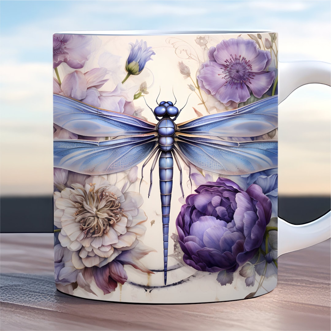 Dragonfly Mug Wrap, 11oz and 15oz Mug Template Png, Watercolor