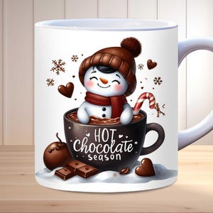 Snowman Hot Chocolate Mug Wrap, 11oz & 15oz Mug Template PNG, Cozy Winter Mug Wrap, Christmas Mug Wrap Sublimation Design, Holiday Mug Wrap