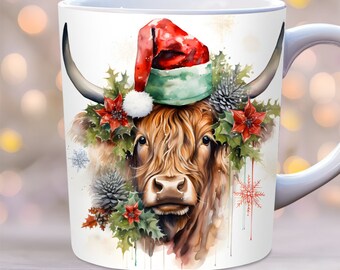Christmas highland cow mug wrap, 11oz and 15oz mug Template, Christmas mug wrap, Winter mug wrap mug sublimation design, cow mug wrap