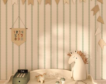 Carta da parati a righe smerlate verde salvia / Decorazioni per camerette stravaganti e bohémien