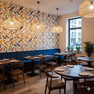 Pode incluir: Interior de restaurante com papel de parede com padrão de peixes e luminárias suspensas tecidas. Mesas e cadeiras de madeira, banco estofado azul. Uma janela oferece vista para a rua e plantas em vasos adicionam um toque de verde.