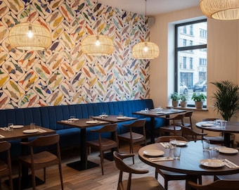 Carta da parati Art Déco con pesci / Carta da parati murale costiera colorata / Motivo geometrico a sardine / Stacca e attacca o in vinile