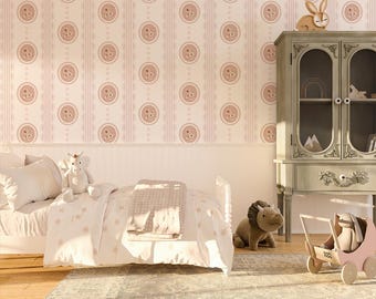 Carta da parati vintage con rose in stile cottage / Carta da parati a righe botaniche rosa / Decorazione per cameretta dei bambini Grandmillennial / Carta da parati floreale con cornice staccabile e attaccabile