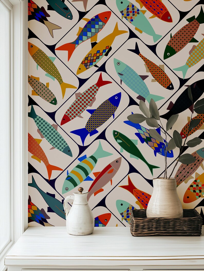 Art Deco Fish Wallpaper | Colorful Coastal Wall Mural | Geometric ...