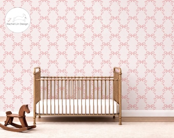 Pink Bow Trellis Wallpaper | Pale Mauve Coquette | Baby Girl Nursery | Preppy Minimalist | Peel and Stick | Girls Room Decor