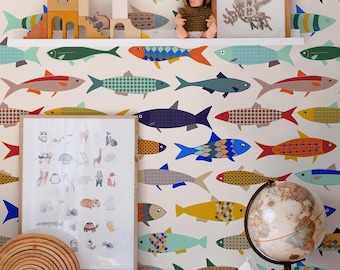 Carta da parati con pesci che nuotano stravaganti / Carta da parati murale con sardine colorate / Decorazioni per camerette costiere / Carta da parati adesiva per cucina