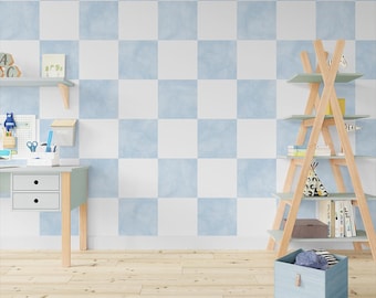 Carta da parati a quadretti acquerello Gingham / Murale costiero Cottagecore blu e bianco (stacca e attacca)