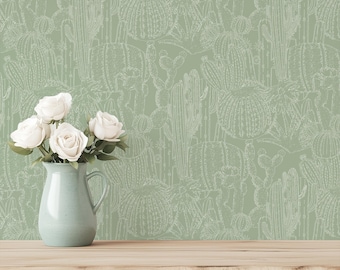Carta da parati con cactus del deserto verde salvia, design floreale boho