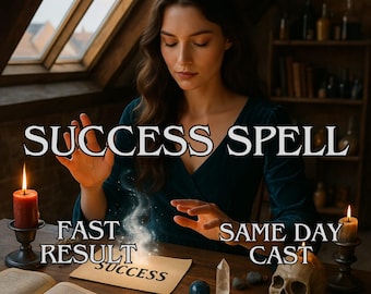 May include: A woman in a dark green dress performs a success spell. The image includes a lit candle, a skull, tarot cards, and the words "SUCCESS SPELL", "FAST RESULT", and "SAME DAY CAST".