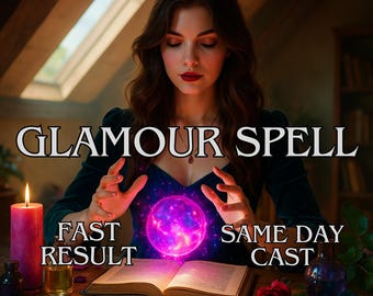 May include: An image featuring the text "GLAMOUR SPELL" with additional text "FAST RESULT" and "SAME DAY CAST". A woman is centered, with hands outstretched towards a glowing purple orb above an open book. A lit candle and other mystical items are on the table.