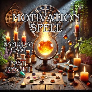 以下が含まれることがあります： 「MOTIVATION SPELL」、「SAME DAY CAST」、「FAST RESULT」の文字が入った神秘的なイメージ。ろうそく、ポーションボトル、光るオーブ、ヴィンテージ時計など、魔法と儀式を連想させるシーン。