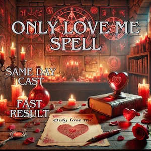 May include: An image of a mystical scene with the text "ONLY LOVE ME SPELL", "SAME DAY CAST", and "FAST RESULT". The scene includes lit candles, a heart-shaped object, a book, and a scroll with the words "Only love me".
