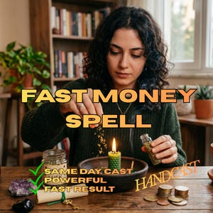 May include: A green beeswax candle in a dark bowl with herbs being sprinkled over it. A glass jar of herbs, a rolled parchment, a gold key, and an amethyst crystal are on the table. Text reads: FAST MONEY SPELL, SAME DAY CAST, POWERFUL, FAST RESULT.